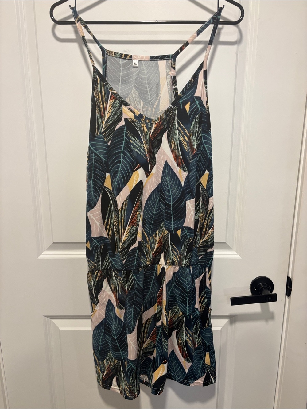 Spaghetti Strap Tropical Leaf Print Romper in Teal and Pink